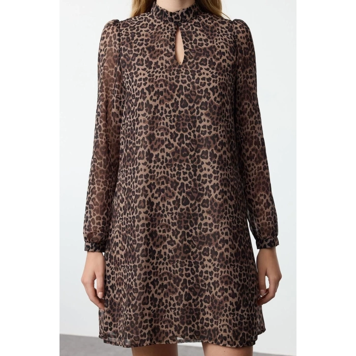 Women Fashion Stylish Mini Length Stand Collar Regular Animal Patterned Straight Cut Lined Woven Winter Dress