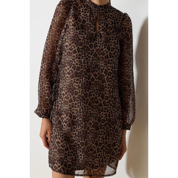 Women Fashion Stylish Mini Length Stand Collar Regular Animal Patterned Straight Cut Lined Woven Winter Dress