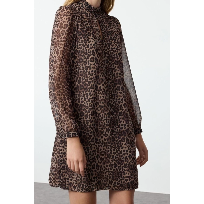 Women Fashion Stylish Mini Length Stand Collar Regular Animal Patterned Straight Cut Lined Woven Winter Dress