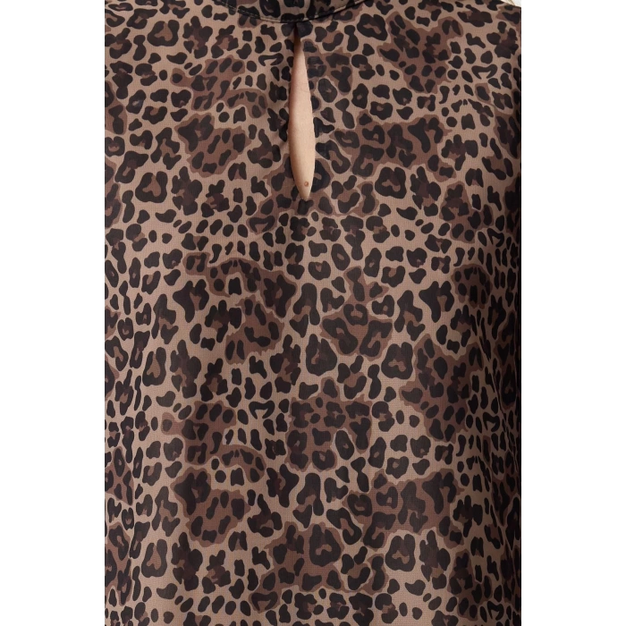 Women Fashion Stylish Mini Length Stand Collar Regular Animal Patterned Straight Cut Lined Woven Winter Dress