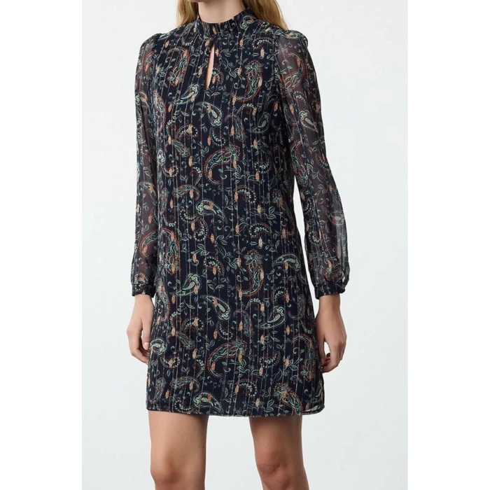 Women Fashion Stylish Mini Length Stand Collar Regular Animal Patterned Straight Cut Lined Woven Winter Dress