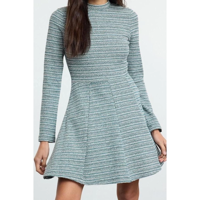 Women Fashion Stylish Mini Length Stand Collar Slim Tweed Crew Neck Skater Waist Open Flounce Knitted Dress