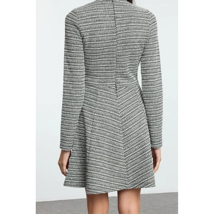 Women Fashion Stylish Mini Length Stand Collar Slim Tweed Crew Neck Skater Waist Open Flounce Knitted Dress