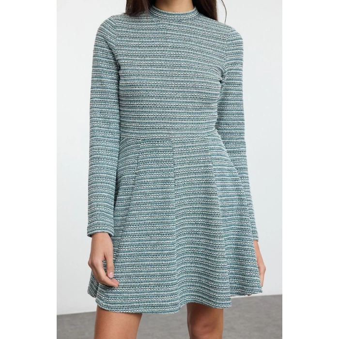 Women Fashion Stylish Mini Length Stand Collar Slim Tweed Crew Neck Skater Waist Open Flounce Knitted Dress