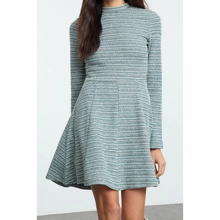 Women Fashion Stylish Mini Length Stand Collar Slim Tweed Crew Neck Skater Waist Open Flounce Knitted Dress