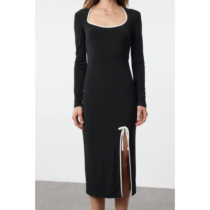 Women Fashion Stylish Maxi Length Pool Neck Slim Color Block Bow Detail Fitted Knitted Dress