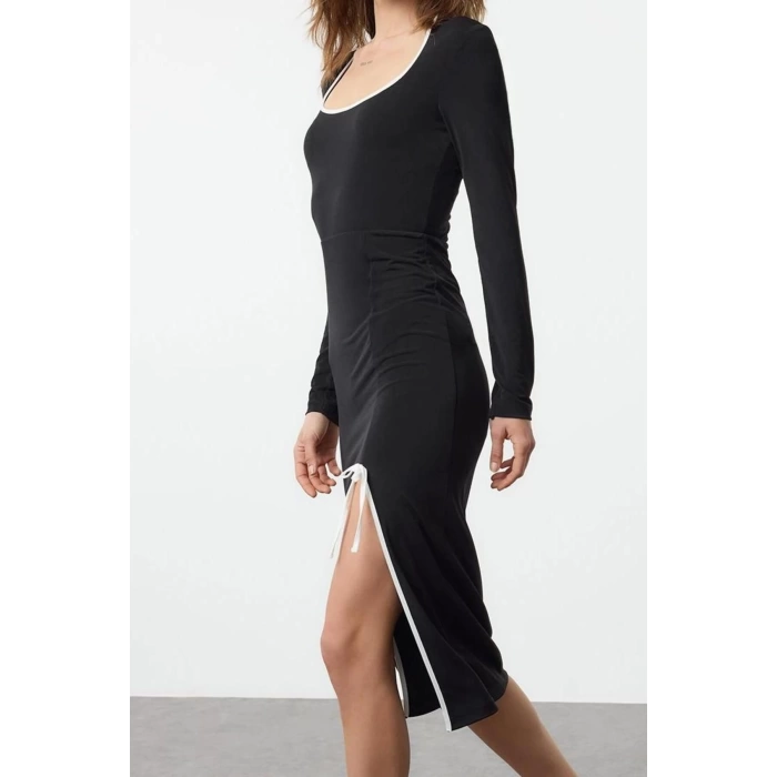 Women Fashion Stylish Maxi Length Pool Neck Slim Color Block Bow Detail Fitted Knitted Dress