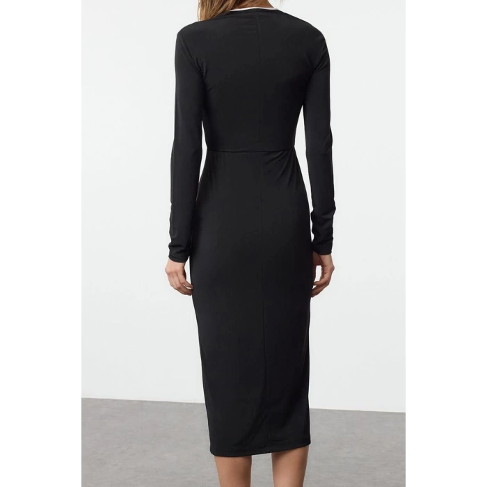 Women Fashion Stylish Maxi Length Pool Neck Slim Color Block Bow Detail Fitted Knitted Dress