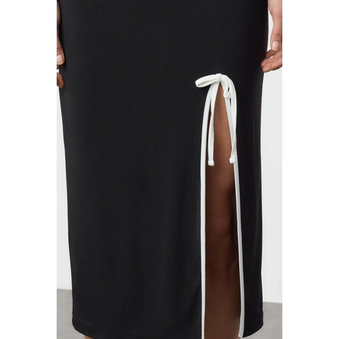 Women Fashion Stylish Maxi Length Pool Neck Slim Color Block Bow Detail Fitted Knitted Dress