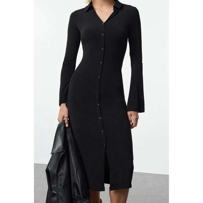 Women Fashion Stylish Maxi Length Button Collar Slim Placket Fitted Stretchy Knitted Dress