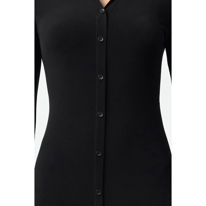Women Fashion Stylish Maxi Length Button Collar Slim Placket Fitted Stretchy Knitted Dress