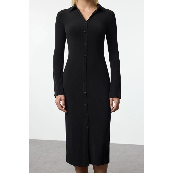 Women Fashion Stylish Maxi Length Button Collar Slim Placket Fitted Stretchy Knitted Dress
