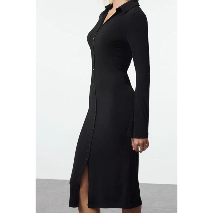 Women Fashion Stylish Maxi Length Button Collar Slim Placket Fitted Stretchy Knitted Dress