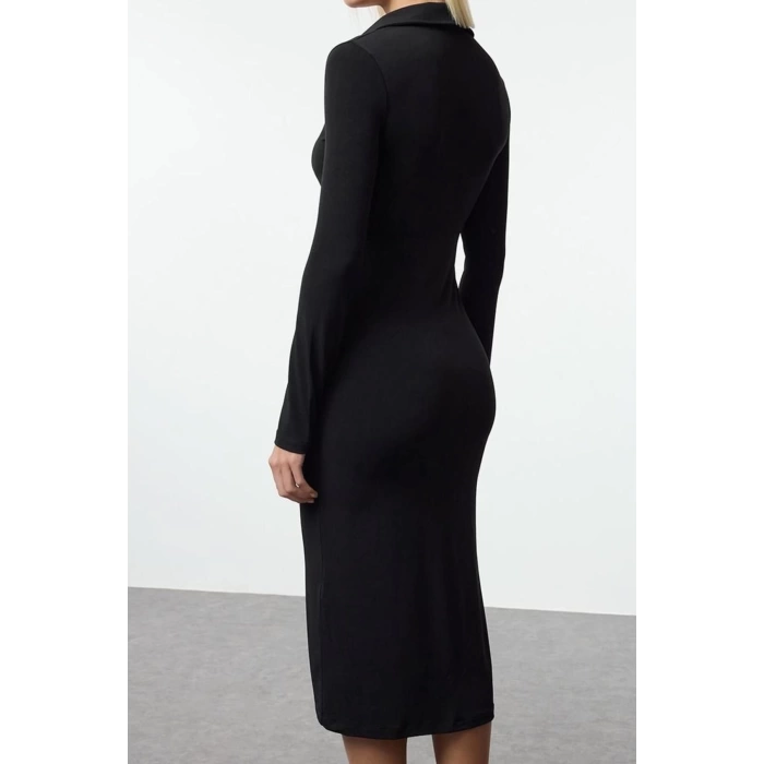 Women Fashion Stylish Maxi Length Button Collar Slim Placket Fitted Stretchy Knitted Dress