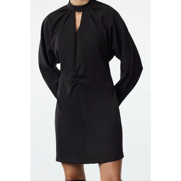 Women Fashion Stylish Mini Length Stand Collar Regular A Cut Window Detailed Woven Dress