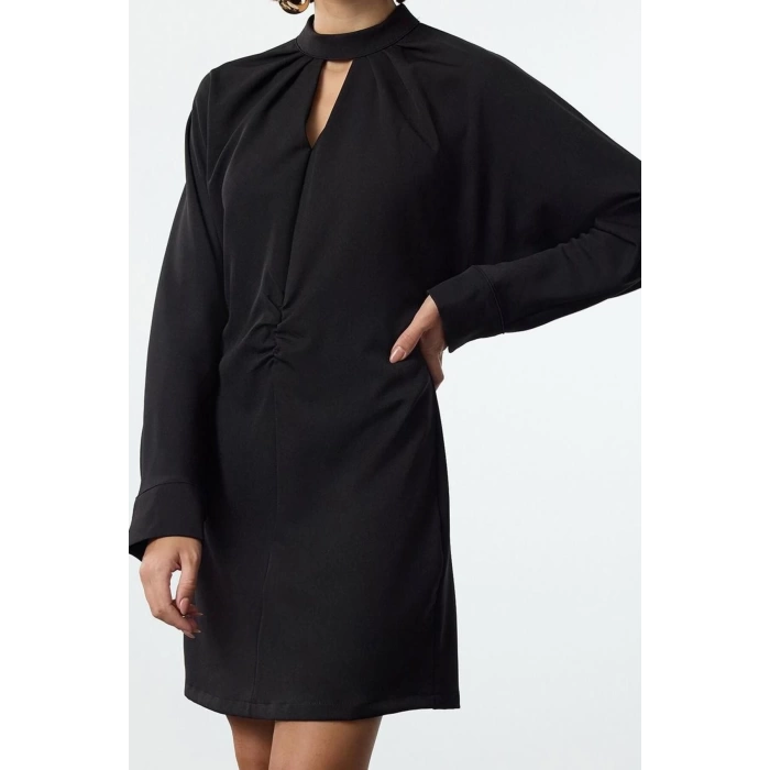 Women Fashion Stylish Mini Length Stand Collar Regular A Cut Window Detailed Woven Dress