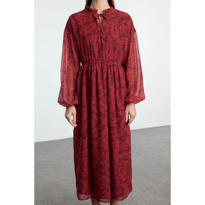 Women Fashion Stylish Midi Length Stand Collar Regular Shawl Pattern Elastic Woven Winter Dress