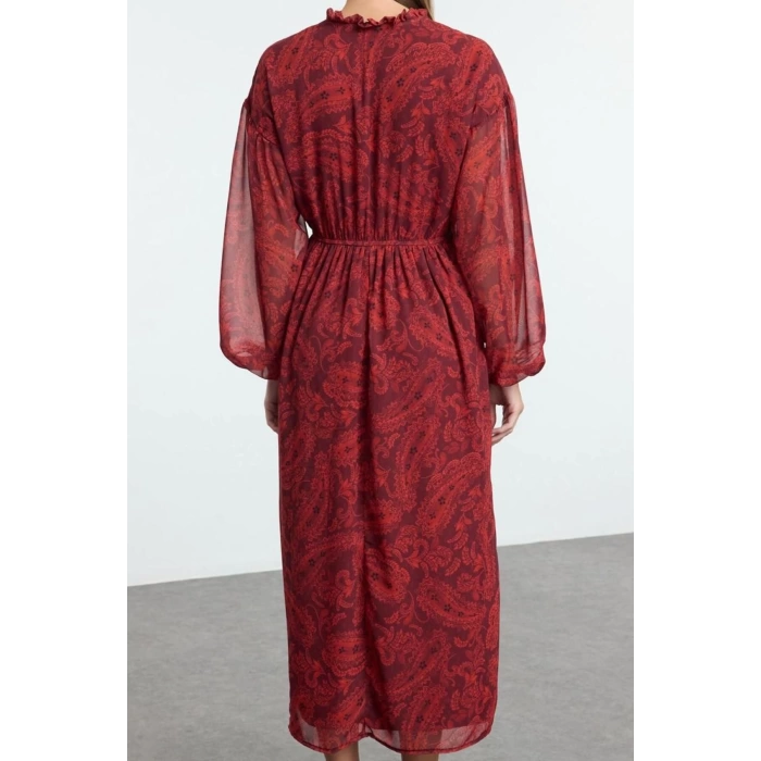 Women Fashion Stylish Midi Length Stand Collar Regular Shawl Pattern Elastic Woven Winter Dress
