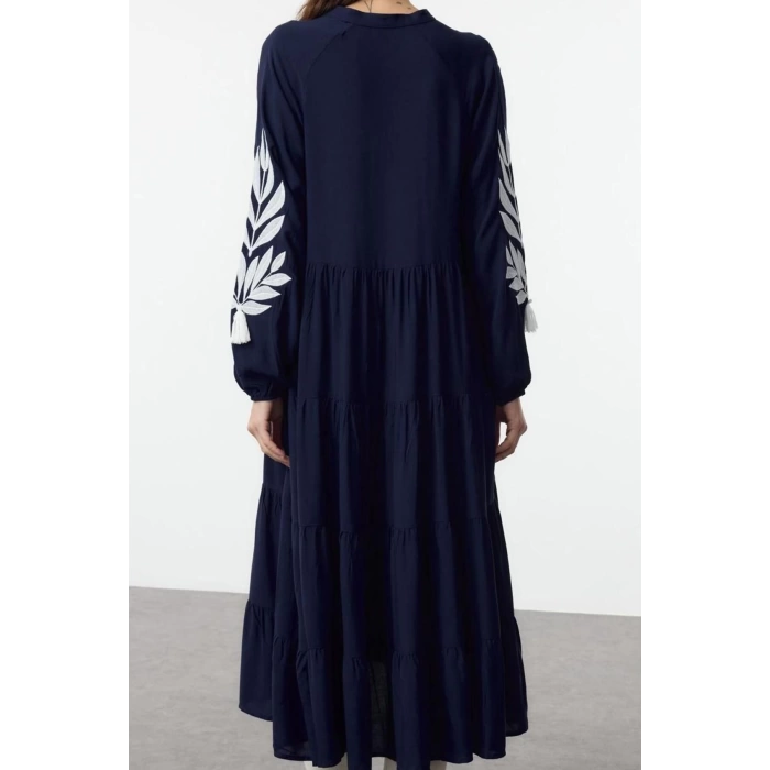 Women Fashion Stylish Midi Length Stand Collar Oversize Wide Cut Embroidered Woven Dress