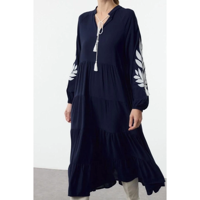 Women Fashion Stylish Midi Length Stand Collar Oversize Wide Cut Embroidered Woven Dress