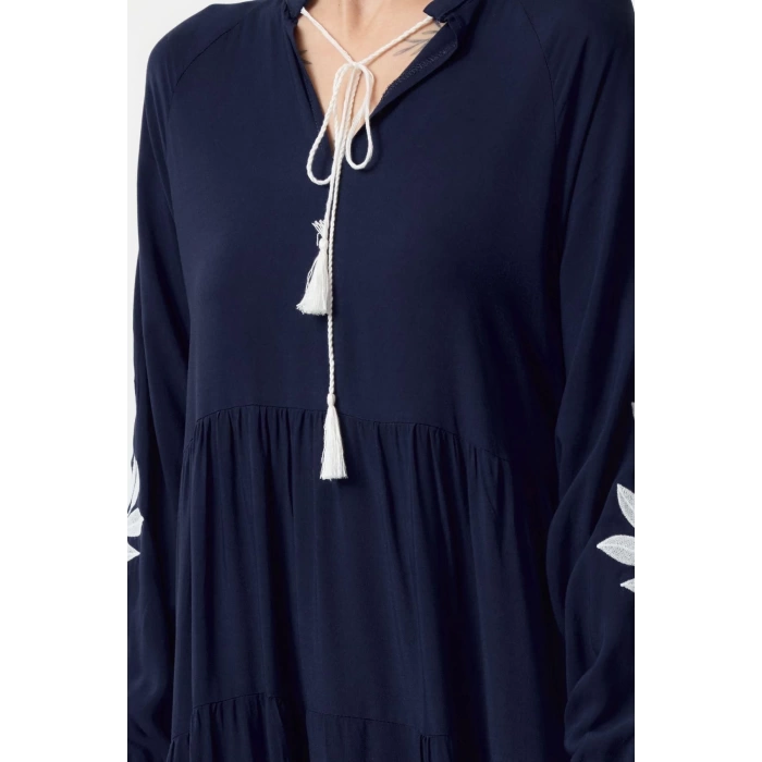 Women Fashion Stylish Midi Length Stand Collar Oversize Wide Cut Embroidered Woven Dress