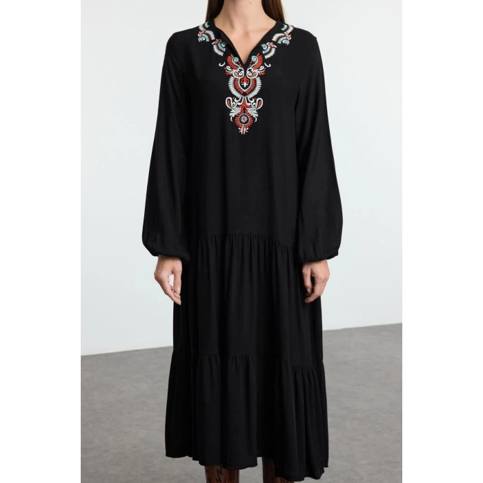 Women Fashion Stylish Midi Length V Neck Regular Wide Cut Embroidered Woven Dress
