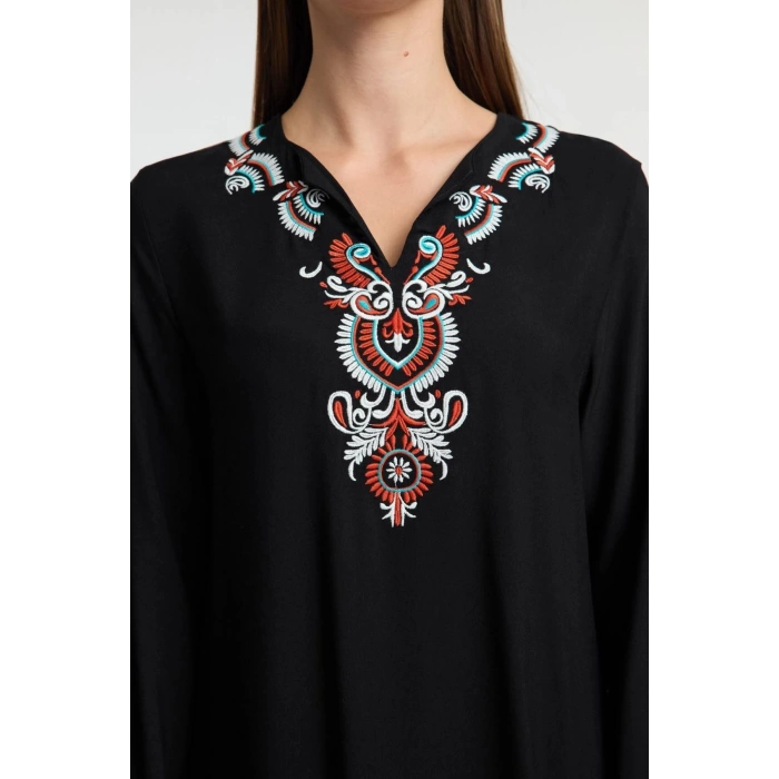 Women Fashion Stylish Midi Length V Neck Regular Wide Cut Embroidered Woven Dress