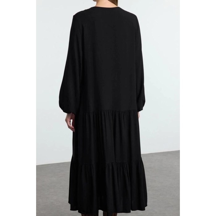 Women Fashion Stylish Midi Length V Neck Regular Wide Cut Embroidered Woven Dress