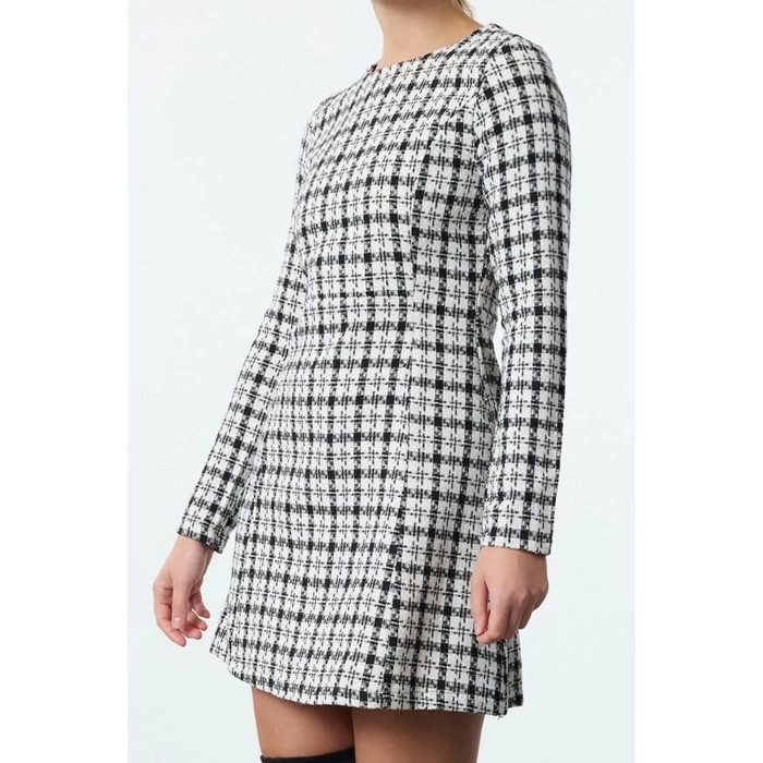 Women Fashion Stylish Mini Length Crew Neck Regular Plaid Checkered A Cut Woven Dress