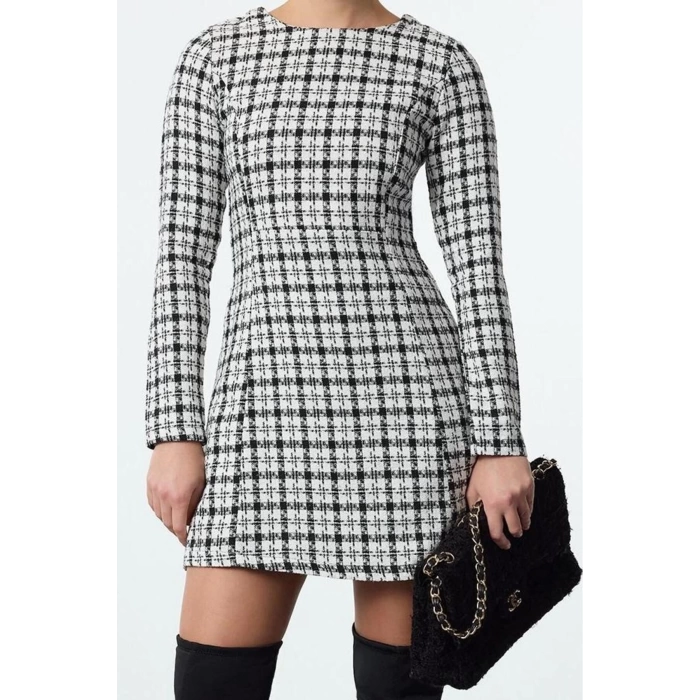 Women Fashion Stylish Mini Length Crew Neck Regular Plaid Checkered A Cut Woven Dress