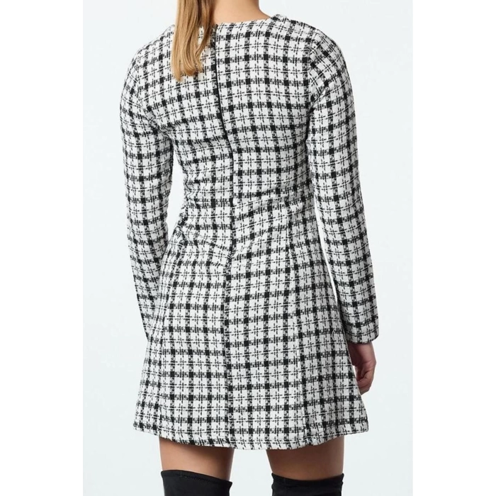 Women Fashion Stylish Mini Length Crew Neck Regular Plaid Checkered A Cut Woven Dress