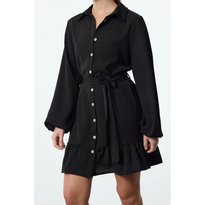 Women Fashion Stylish Mini Length Shirt Collar Regular Belted Flounce Detailed Woven Shirt Dress