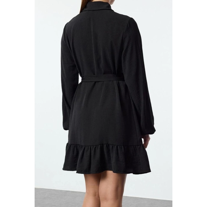 Women Fashion Stylish Mini Length Shirt Collar Regular Belted Flounce Detailed Woven Shirt Dress