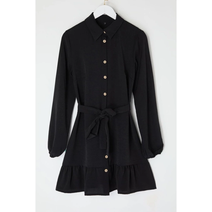 Women Fashion Stylish Mini Length Shirt Collar Regular Belted Flounce Detailed Woven Shirt Dress