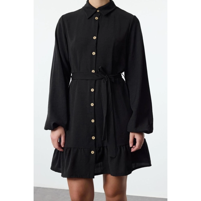 Women Fashion Stylish Mini Length Shirt Collar Regular Belted Flounce Detailed Woven Shirt Dress