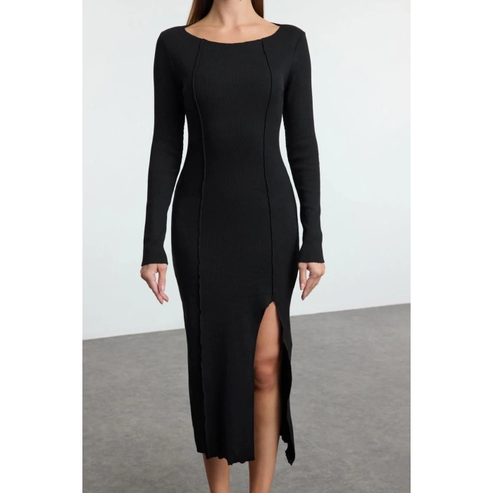 Women Fashion Stylish Midi Length Boat Neck Slim Plain Slit Fitted Bodycon Slit Knitted Dress