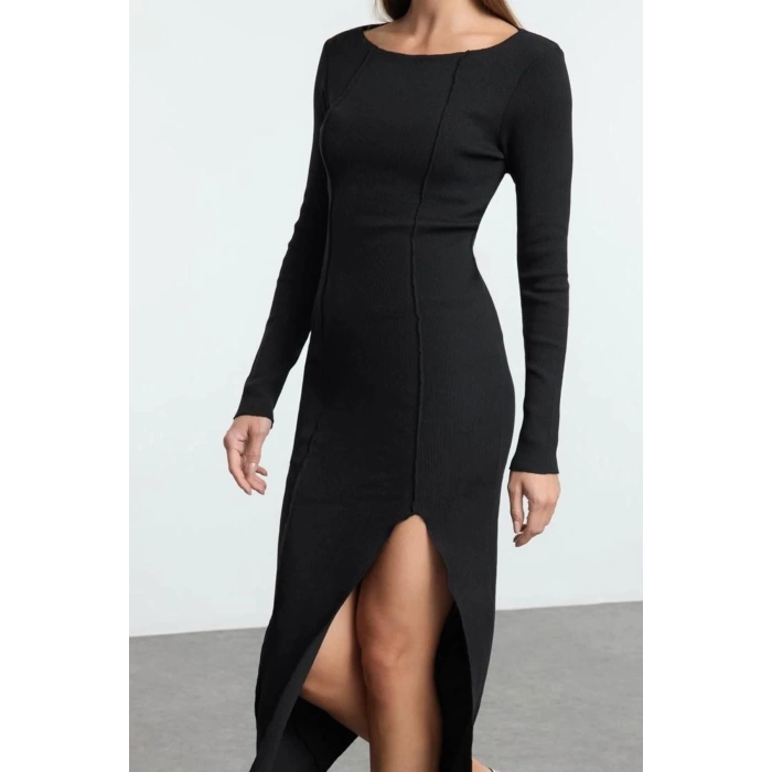 Women Fashion Stylish Midi Length Boat Neck Slim Plain Slit Fitted Bodycon Slit Knitted Dress
