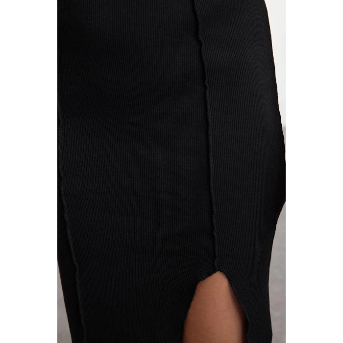 Women Fashion Stylish Midi Length Boat Neck Slim Plain Slit Fitted Bodycon Slit Knitted Dress