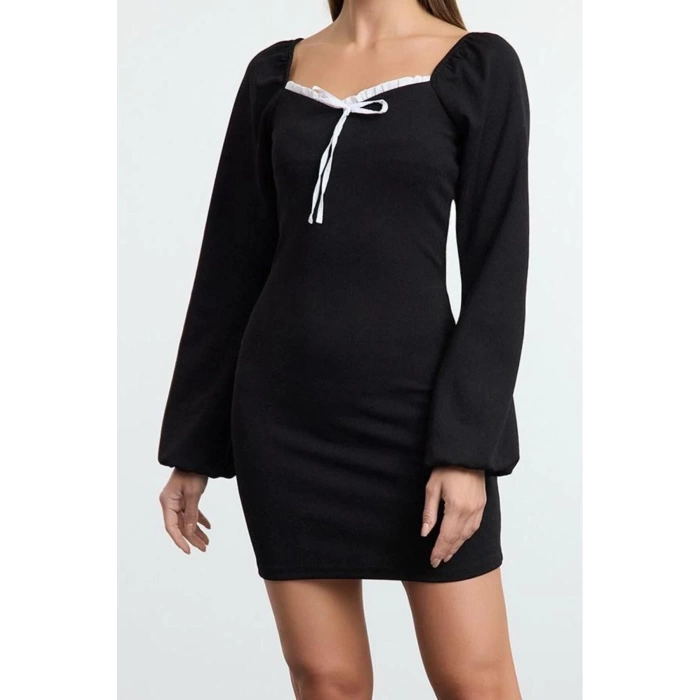 Women Fashion Stylish Mini Length Sweetheart Neck Slim Tie Detail Bodycone Fitted Knitted Dress