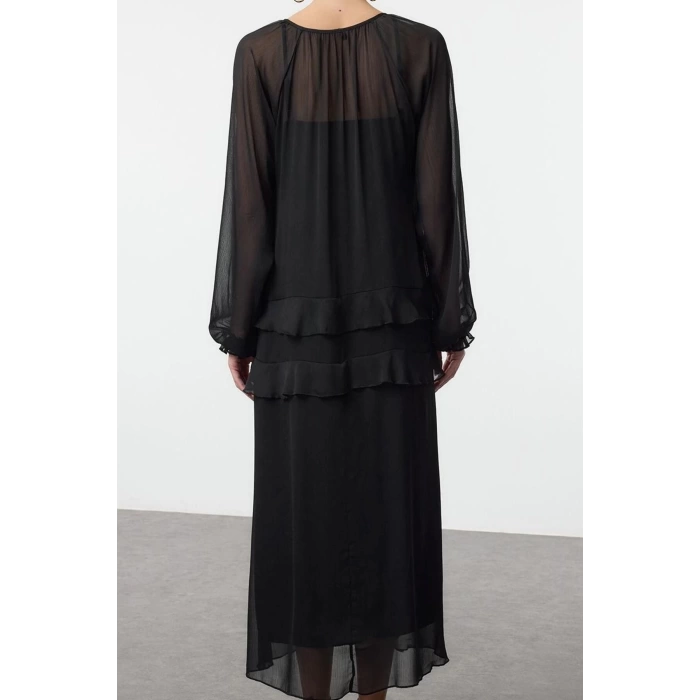 Women Fashion Stylish Maxi Length Crew Neck Relaxed Straight Cut Ruffle Chiffon Woven Dress