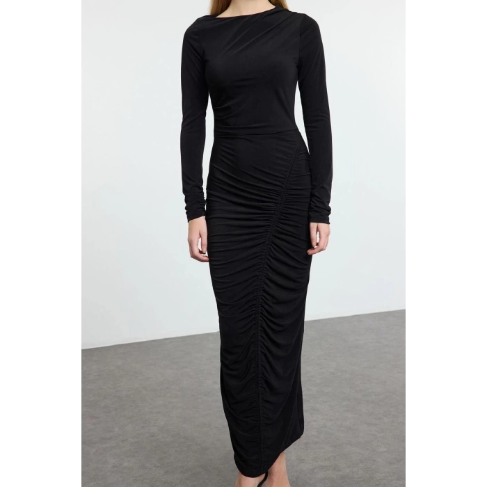 Women Fashion Stylish Midi Length Asymmetrical Collar Slim Fitted Elastic Knitted Dress with Drape Detail