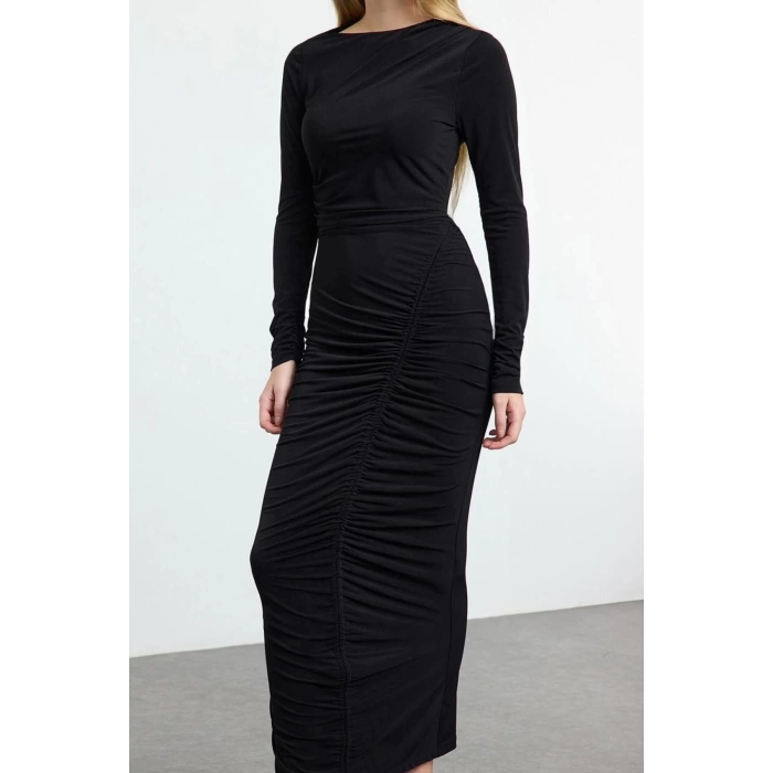 Women Fashion Stylish Midi Length Asymmetrical Collar Slim Fitted Elastic Knitted Dress with Drape Detail
