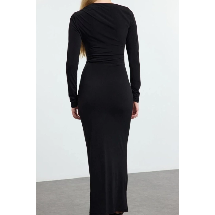 Women Fashion Stylish Midi Length Asymmetrical Collar Slim Fitted Elastic Knitted Dress with Drape Detail