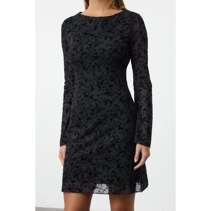 Women Fashion Stylish Mini Length Boat Neck Slim Flock Printed Bodycon Knitted Dress
