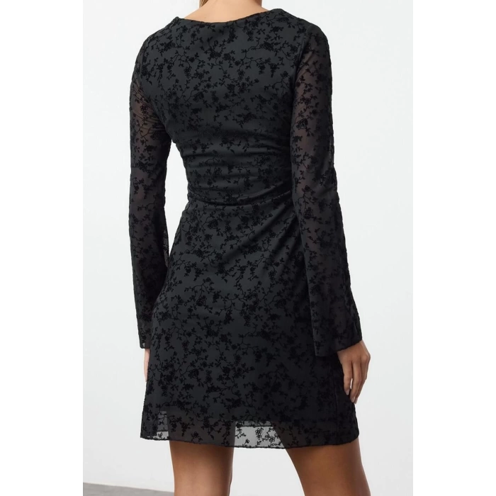 Women Fashion Stylish Mini Length Boat Neck Slim Flock Printed Bodycon Knitted Dress