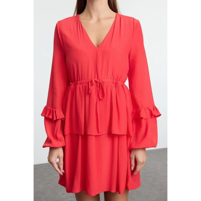 Women Fashion Stylish Mini Length V Neck Relaxed More Sustainable Straight Cut Wide Pattern Woven Dress