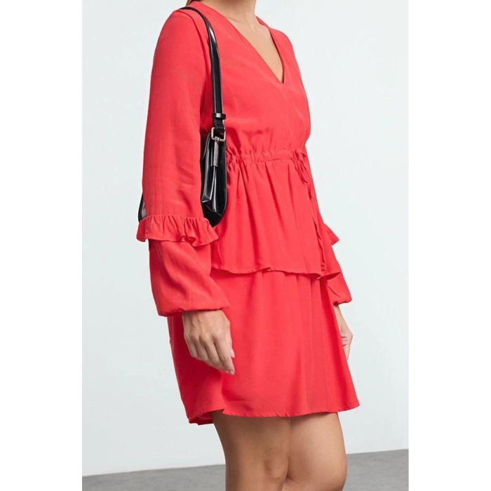 Women Fashion Stylish Mini Length V Neck Relaxed More Sustainable Straight Cut Wide Pattern Woven Dress