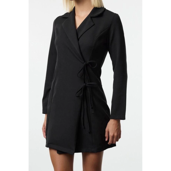 Women Fashion Stylish Mini Length Jacket Collar Regular Double Breasted Tie Detailed Woven Jacket Dress