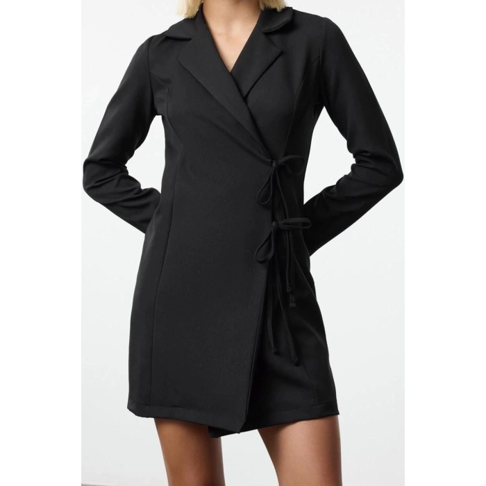 Women Fashion Stylish Mini Length Jacket Collar Regular Double Breasted Tie Detailed Woven Jacket Dress