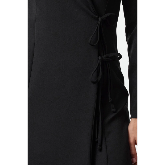 Women Fashion Stylish Mini Length Jacket Collar Regular Double Breasted Tie Detailed Woven Jacket Dress